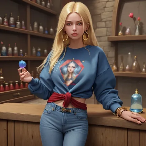 20-year-old girl black hair with blonde locks brown eyes red shirt with blue jeans a light blue sweatshirt tied at the waist holding a tulip Latin appearance earrings with quartz bracelet with blue quartz looking straight at the viewer in the background of...