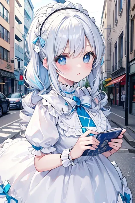 white color hair，Double ponytail curls，blue color eyes，White Lolita，Beth，A bustling city street