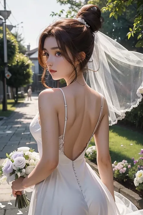 22 year old woman with big red eyes, long light brown hair bun, wearing white wedding dress with purple flowers on the side, back view, open back, looking back while walking
