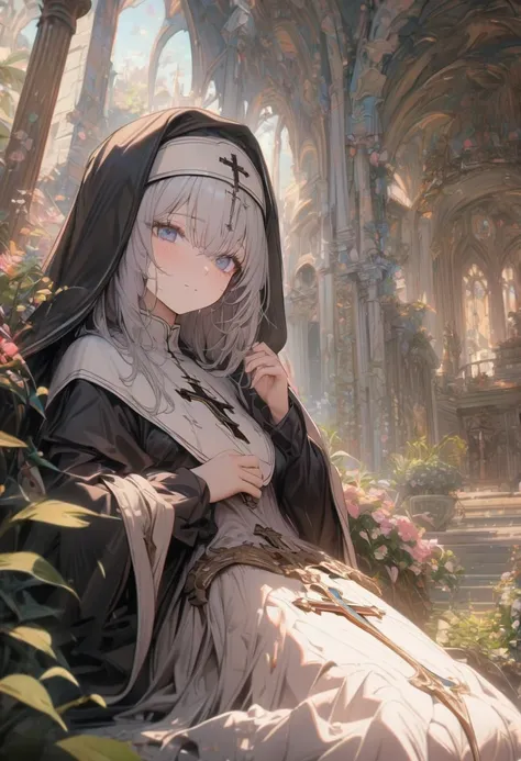 1girl, nun, dark robes, holy cross, serene expression, peaceful garden, soft sunlight, quiet atmosphere, sacred surroundings, (b...