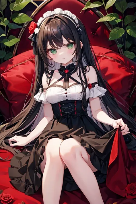 1 girl in、top-quality、Masterpiece、high-level image quality、A dark-haired、Longhaire、Green eyes、Red Mesh、Beautiful fece、Depicted from head to knee、Angle from below、from below looking up、Rose Dress、Rosa、a black skirt、large full breasts、kawaii、Lift the hem、[[b...