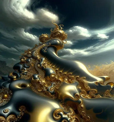 there is a very large golden cloud in the sky, golden clouds, fractal cloud, gold fractal details, fractal sky, fractal dreamscape, fractal landscape, golden edges and fractals, silver gold fractal details, with fractal sunlight, 3d mandelbulb fractal, inf...