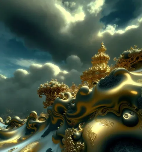 there is a very large golden cloud in the sky, golden clouds, fractal cloud, gold fractal details, fractal sky, fractal dreamscape, fractal landscape, golden edges and fractals, silver gold fractal details, with fractal sunlight, 3d mandelbulb fractal, inf...