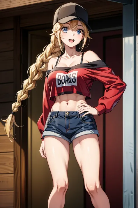 a blonde girl in red shirt top and a black baseball cap is standing up, 1girl, shorts, blonde hair, solo, hat, blue eyes, breasts, twin braids, braid, navel, smile, long hair, open mouth, denim, looking at viewer, baseball cap, large breasts, denim shorts,...