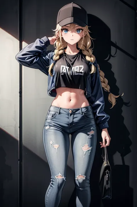 (((grayscale)))(masterpiece:1.2, best quality), (graffiti wall:1.15), 1lady, beanie, jacket, Leggings, blue eyes, fullbody,a female that is naked and holding baseball bat by the back of her head, 1girl, solo, navel, long hair, denim, pants, hat, blue eyes,...