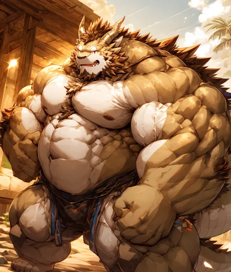 

A white dragon orc，Strong build，muscular，Like a born strong man。His skin looks healthy and fair，Muscle and fat intertwined，Create a unique skin texture，complete and powerful。

His arms are as strong as iron pillars，chiseled muscles，Seems to contain infin...