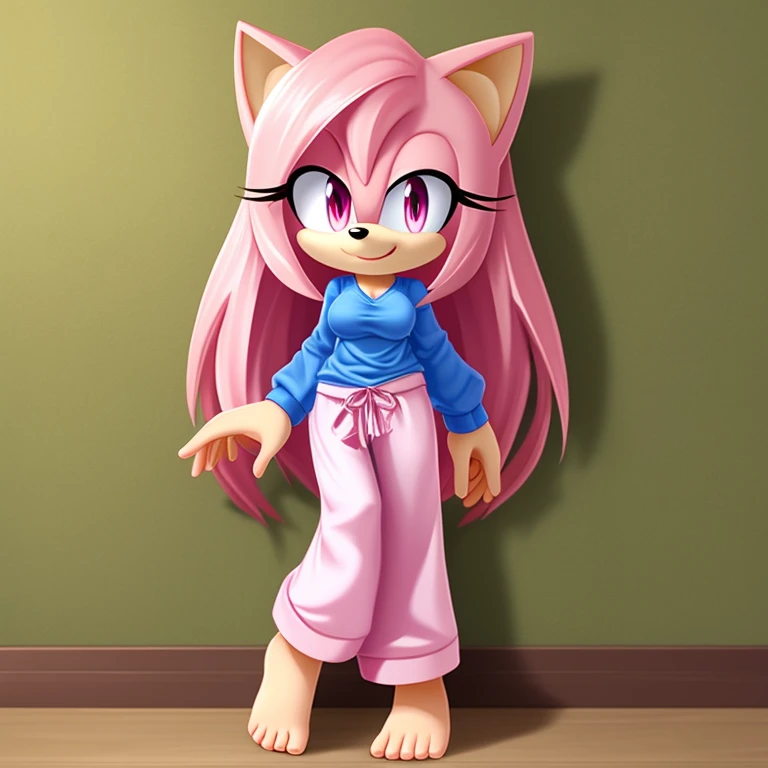 1girl, mobian fox, light pink eyes, light pink hair, extremely long straight hair, medium breasts, happy, pajama blue shirt, pajama blue baggy pants, long sleeves, barefoot, japanese theme, portrait