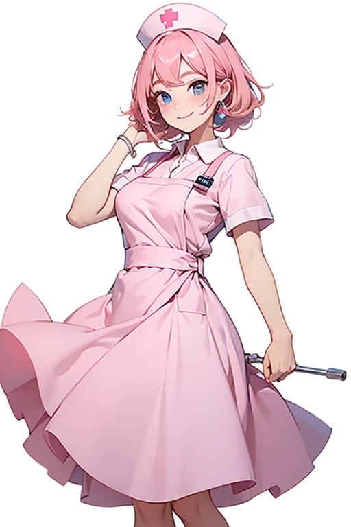 (masterpiece, best quality:1.2), looking at viewer, smile, nurse, hair rings, pink hair, blue eye, large breasts, nurse cap, pink collared dress, white apron, full body, staning, thick outline, simple background, white background
