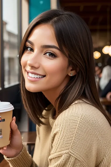 Beautiful brunette with blonde Hispanic highlights wearing a beige sweater (in a café drinking soft drinks), Muy detallado, 22 years, rostro inocente, Cofre 32D, Usa un vestido negro, cabello ondulado natural, ojos azules, high resolution, obra maestra, Me...