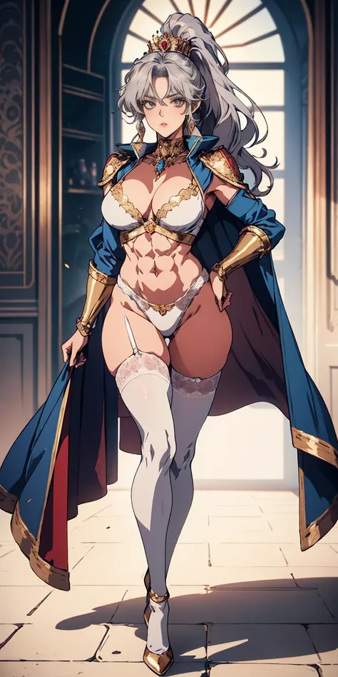 extremely long hair , ponytail, perfect anatomy 1 girl tall solo, slim thick, ((muscular)) high elf toned body, silver breast plate, blue cape, slendered abs, hourglass waist, detailed face, defined cheekbones, puffy lips, gauntlets, gold crown, shadow ove...