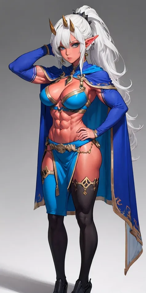 extremely long hair , ponytail, perfect anatomy 1 girl tall solo, slim thick, ((muscular)) high elf toned body, silver breast plate, blue cape, slendered abs, hourglass waist, detailed face, defined cheekbones, puffy lips, gauntlets, gold crown, shadow ove...