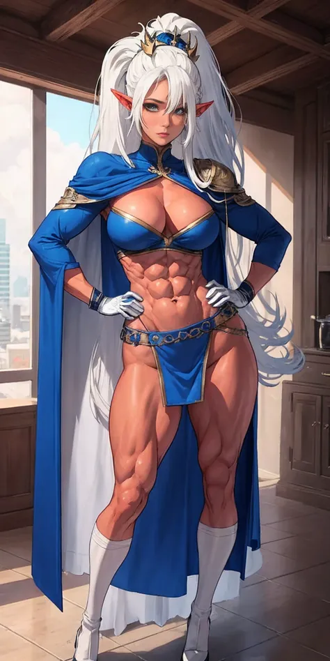 extremely long hair , ponytail, perfect anatomy 1 girl tall solo, slim thick, ((muscular)) high elf toned body, silver breast plate, blue cape, slendered abs, hourglass waist, detailed face, defined cheekbones, puffy lips, gauntlets, gold crown, shadow ove...