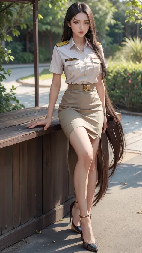 khaki suit, khaki civil servant, thai teacher uniform:1.3, beautiful girl with extra long hair, two meter long hair, long hair t...