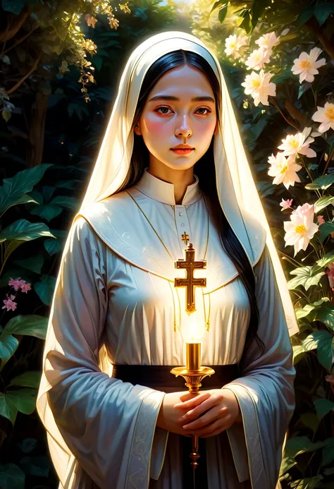 1girl, nun, dark robes, holy cross, serene expression, peaceful garden, soft sunlight, quiet atmosphere, sacred surroundings, (best quality, 4k, 8k, highres, masterpiece:1.2), ultra-detailed, painting-like, soft pastel colors, gentle lighting, aesthetic