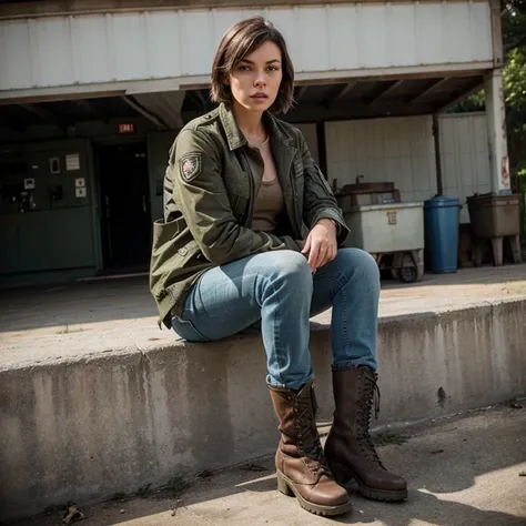 Lauren Cohan dressed in military jacket and jeans with boots