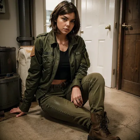 Lauren Cohan dressed in military jacket and jeans with boots