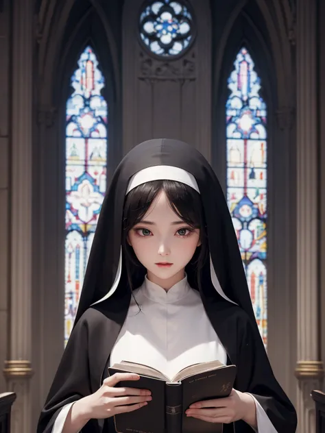 sexy nun black robe,church background,the face holding the bible and studying it in detail,the delicate eyes are ethereal and dr...