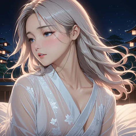 masterpiece, High resolution, illustration, kyoto animation style, cinematic style, night, midnight, Light, (1 female: 1.3), (alone: 1.4), long eyelashes, long hair, hair blowing, nose blushing, futon, sexy, sensual, transparent nightdress, mid breasts, fa...