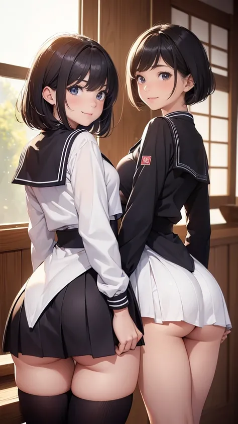 (2 girls, 15 years old, same height :1.2) ,Rear view,  couple focus ,    japanese girl ,  (smile:0.7), stand next to each other ,  Upper body, please reconsider, (Never wear a skirt), ((sailor suit, long sleeve)), realistic butt crack, grinning smile, very...