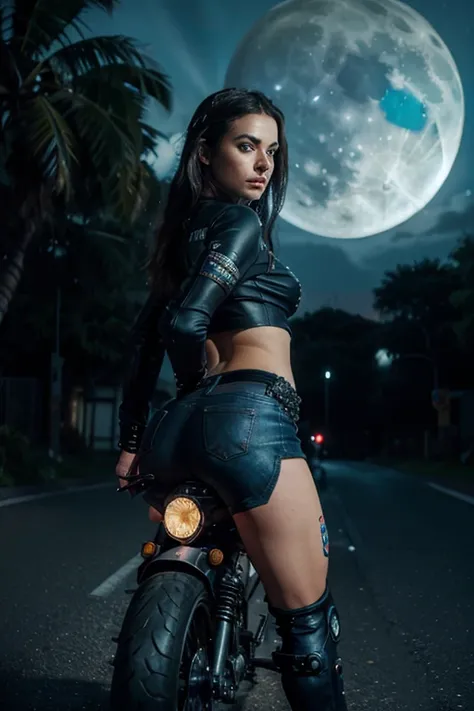 Uma linda motociclista posando na frente de uma motocicleta futurista, the motorcycle has skulls and blue flames highly detailed 3D graphics, night scenery with full moon in the background, she is wearing a tight black top with 3D skulls and flames and Dai...