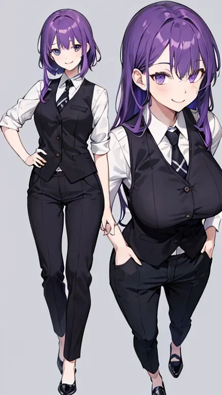 Purple haired woman,bartender,Black vest,shirt,tie,slightly larger breasts,pants,all,simple background,smile,whole body,full body,full body,Standing picture,vtuber,front,from front,viewer&#39;point of view,視線をfrontに,