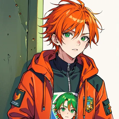 (masterpiece, best quality:1.2),  human male adolescent , punk clothings , orange  hair  ,red zip hoodie, ((green eyes)) ,freckl...