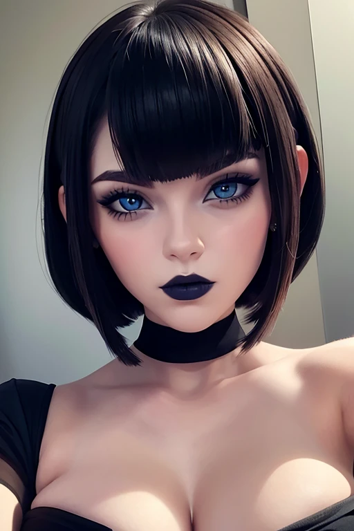 Cara hermosa cabellos corto estilo bob labios voluminosos nariz respingada belleza extraordinaria, blue eyes pale skin,  Gothic Makeup , selfie, wallpaper fanart Stunning, obra maestra, realista, detallado perfecto 12k 