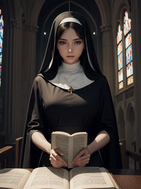 Sexy nun black robe,church background,The face holding the Bible and studying it in detail,The delicate eyes are ethereal and dreamy,gentle,HD ultra-detail,best quality,Super detailed,Actual lighting art visual effects movie scene lighting effects master w...