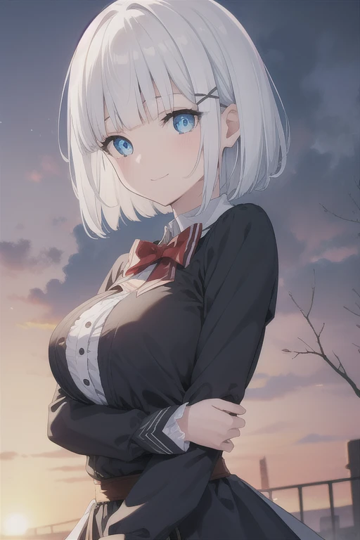 detectivesiesta, smile, short hair, bangs, blue eyes, shirt, hair ornament, long sleeves, dress, bow, white hair, hairclip, blunt bangs, bowtie, red bow, x hair ornament, red bowtie, siesta, (medium breast:1.2), BREAK looking at viewer, BREAK outside, BREA...