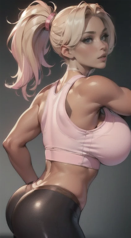 (masterpiece, realistic, best quality, perfect face, (beautiful and aesthetic:1.4), highest detailed face), ((bimbo, (dark tanned skin:1.4), (sexy fitness milf:1.2), long blonde hair in a ponytail, long detailed eyelashes, blushing, full pouting pink lips,...