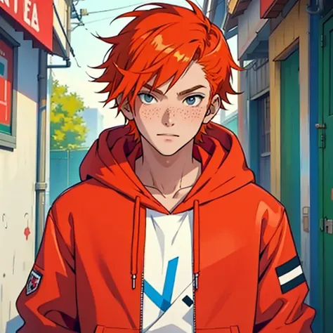 (masterpiece, best quality:1.2),  human male adolescent , punk clothings , orange  hair  ,((red  hoodie)) ,freckles, white shirt