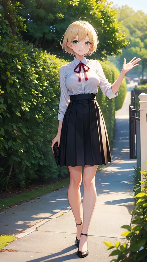 30year old women,blonde short hair,green eyes,medium breasts,white blouse,red neck ribbon,black mini pleated skirt,happy,waving,park,full body