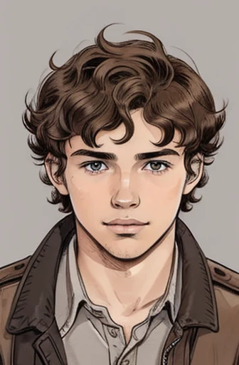 face of a 16 year old, shy and a little dorky, caucasian male french teenager with short brown curly hair on a grey background. 6/10 on the attractiveness scale, has a teenager mustache