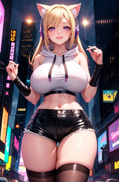 1girl, blonde hair, long hair, big lips, pink eyes, huge breasts, light smile, blush, nose blush, indoors, bedroom, crop top, short shorts, cityscape, pastel colors, times square, cyber punk city, standing, cowboy shot, from below, rainy night, hoodie, cen...