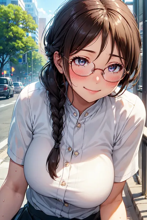 (high quality, high resolution, small details), sidewalk, side view, alone, girl, braid hair, , sparkling eyes, (large round fra...