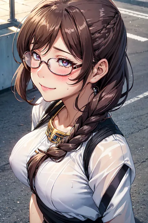 (high quality, high resolution, small details), sidewalk, side view, alone, girl, braid hair, , sparkling eyes, (large round fra...