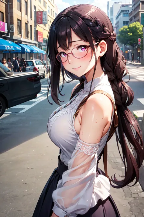 (high quality, high resolution, small details), sidewalk, side view, alone, girl, braid hair, , sparkling eyes, (large round fra...