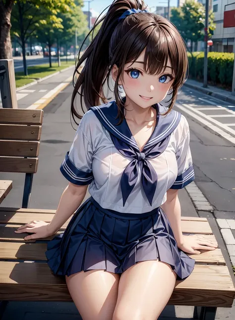 beautiful features、Japanese、brown hair、((ponytail、deep blue eyes:1.2))、shiny smooth hair, thick bangs、(bright smile:1.2), ((noise removal：1.2))、highly detailed eyes, highest quality, ultra high resolution, Beautiful and vivid illustrations、Ultra-realistic ...