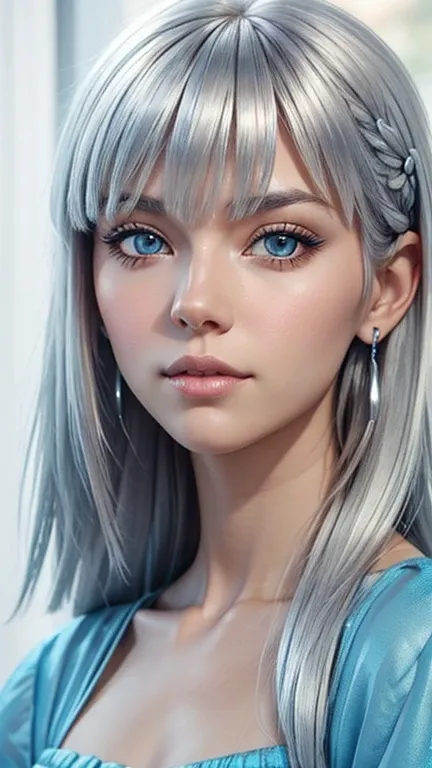 (Best quality, ultra realistic) 8k, dream aesthetic, dream atmosphere, 1 tall girl, beautiful cute girl, light cyan_eyes, flushed cheeks, ((long hair color [Silver blonde hair], [pixie cut with bangs] hair)), earrings, lips, short sleeve, realistic, propor...