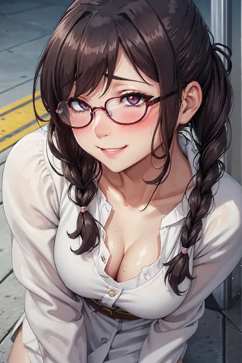 (high quality, high resolution, small details), sidewalk, side view, alone, girl, braid hair, , sparkling eyes, (large round fra...