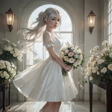 anime girl in a white dress holding a bouquet of flowers,  in dress, anime key visual of elegant, cushart krenz key art feminine, white dress!! of silver hair, high detailed official artwork, official art, official anime artwork, guweiz on pixiv artstation...