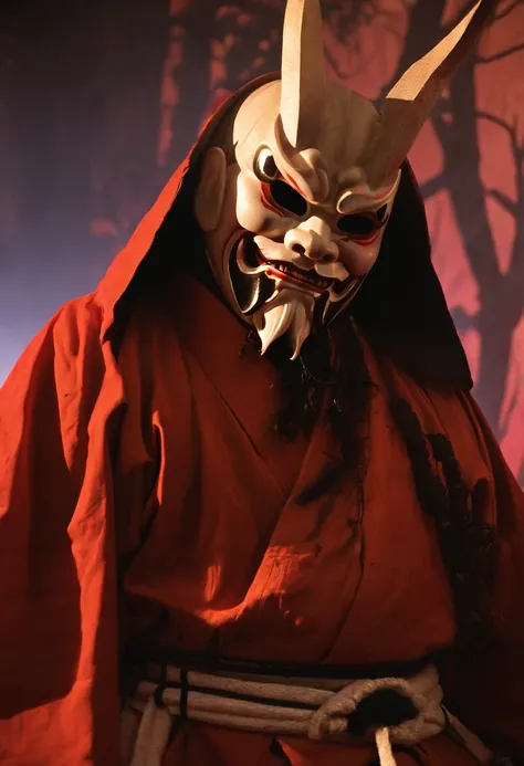 Character in costume wearing a mask, Japanese god, Japanese horror, footage from Japanese horror films, inspired by Kano Naisen, Japanese visual effects, Japanese mascot, samurai with a demon mask, Momoshiki Otsutsuki, demon samurai mask, inspired by Gyosh...