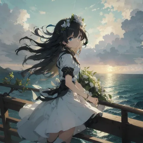 anime girl with long black hair standing on a railing overlooking the ocean, beautiful anime, anime moe artstyle, 4k anime wallpaper, anime art wallpaper 8 k, anime art wallpaper 4 k, anime art wallpaper 4k, beautiful anime art, guweiz on pixiv artstation,...