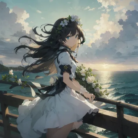 anime girl with long black hair standing on a railing overlooking the ocean, beautiful anime, anime moe artstyle, 4k anime wallpaper, anime art wallpaper 8 k, anime art wallpaper 4 k, anime art wallpaper 4k, beautiful anime art, guweiz on pixiv artstation,...