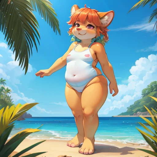 1girl, masterpiece, Kiara, tropical aquapark, full body shown, horny face, yellow one piece swimsuit, looking at me, half closed eyes, extremely obese, toddler, standing, anthro, furry, long snout, fur, small breasts, hands to the side,