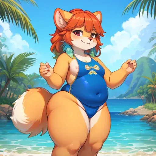 1girl, masterpiece, Kiara, tropical aquapark, full body shown, horny face, yellow one piece swimsuit, looking at me, half closed eyes, extremely obese, toddler, standing, anthro, furry, long snout, fur, small breasts, hands to the side, extremely obese thi...