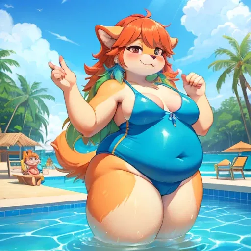 1girl, masterpiece, Kiara, tropical aquapark, full body shown, horny face, yellow one piece swimsuit, looking at me, half closed eyes, extremely obese, toddler, standing, anthro, furry, long snout, fur, small breasts, hands to the side, extremely obese thi...