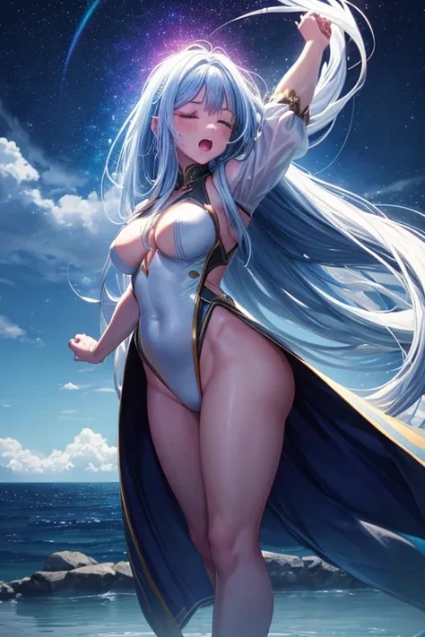 A woman with closed eyes, ahegao face, (((long hair that reaches her feet))), hair with locks, flowing, in a celestial place with waters that disappear to the horizon, blue sky, white clouds in movement, full body , muscular, thick thighs, small breasts, b...