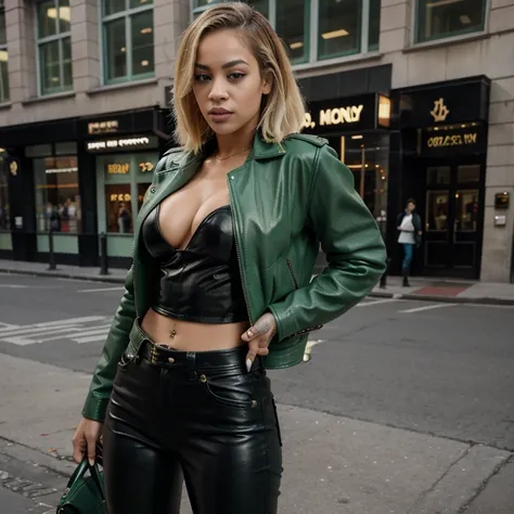 Rita Ora dressed in green leather jacket with leather jeans