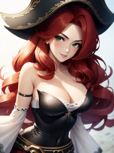 medium breasts, 1girl, scarlet hair, wavy hair, very long hair, black pirate hat, hair covers one eye, slim and voluptuous, gree...